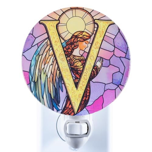 Angel Monogram Night Light – Stained Glass Styled Plug-in Wall Lamp, Victorian Inspired Letter V Design with Manual Switch & Bulb Included – Bedroom, Hallway, Nursery Gift NLA-C026 - color: V