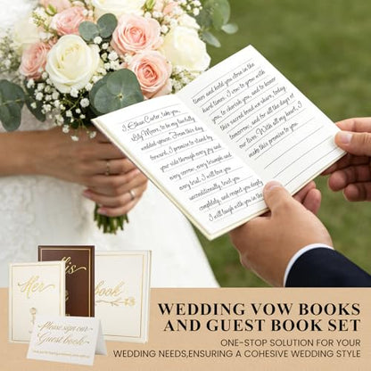 Wedding Vow Books His and Hers with Guest Book & Table Sign Set - color: Beige & Brown