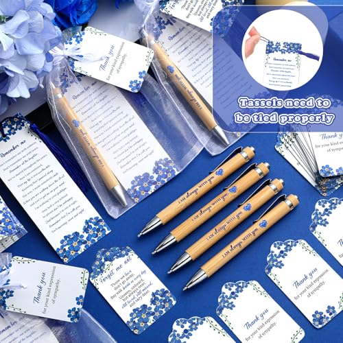 Sayglossy 200 Pcs Blue Flower Funeral Gifts Celebration of Life Gifts Set Memorial Decorations for Sympathy Include 50 Ballpoint Pens 50 Bookmark 50 Poem Cards and 50 Organza Bags - style: Blue Flower