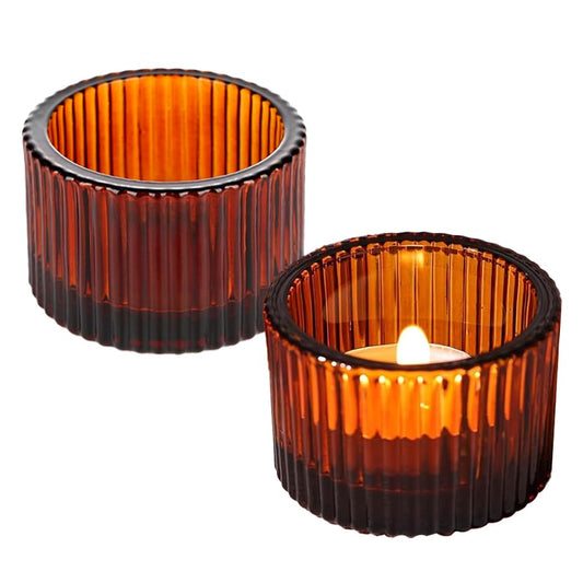 Clear Tealight Candle Holder Set of 2,Glass Votive Candle Holders, Decorative Round Ribbed Candle Holders for Home Decor (Brown) - color: Brown