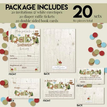 Baby Shower Invites Gender Neutral – Woodland Animal Invitation Bundle with Diaper Raffle Tickets, Book Request Cards & Envelopes. Set of 20 5X7 Woodland Creatures Boy or Girl Invitation Kit Sets - style: Woodland Animal