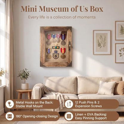 5.1" Extra Deep Shadow Box Frame 8x10, | Display Case, Rustic Wood Memory Box with Vintage Lock and Handle for wedding Flowers and Keepsakes, Carbonized Brown