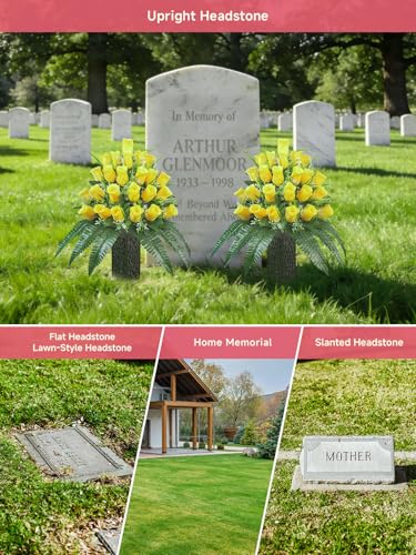 Mirevielyn 2-Pack 24-Stem Artificial Rose Cemetery Flowers with Vases - color: Yellow (Warm Memory)