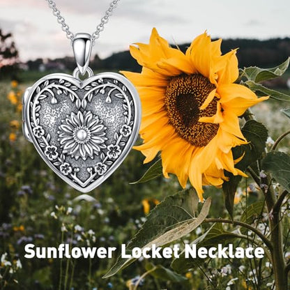 Heart Locket Necklace 925 Sterling Silver Custom Photo Pendant That Holds Pictures Memorial Jewelry Gifts for Women Mom Daughter - color: Sunflower, style: 2-personalized photos
