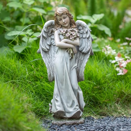 Grace4Joy Garden Angel Statue Outdoor Decor - 19.3 Inches Guardian Angel Resin Figurine with Flowers, Hand Painted Religious,Fairy Sculpture for Home Yard Patio Lawn Hallway