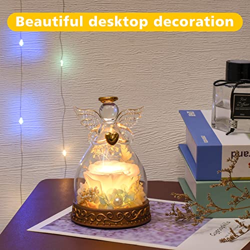 Preserved Real Rose in Glass Angel Figurine with LED Light, Angel Gifts for Women, Mom, Grandma on Mother's Day Christmas Birthday (White) - color: White