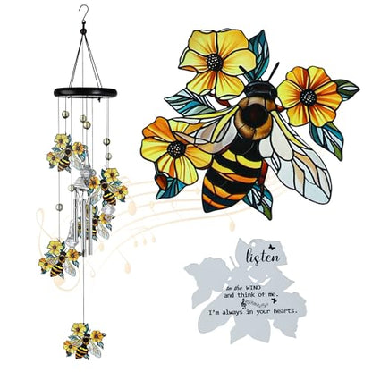 YU FENG Bee Wind Chime with Crystal Suncatcher, Memorial Outdoor Decor - style: Wildflower – Bee – 27 Inch