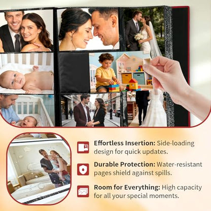 Photo Album 4x6 600 Slip-in Pockets, PU Leather Large Capacity Photo Book | Holds Horizontal & Vertical Photos Acid-Free for Mom Grandma Baby Shower Wedding Anniversary Christmas - color: Red