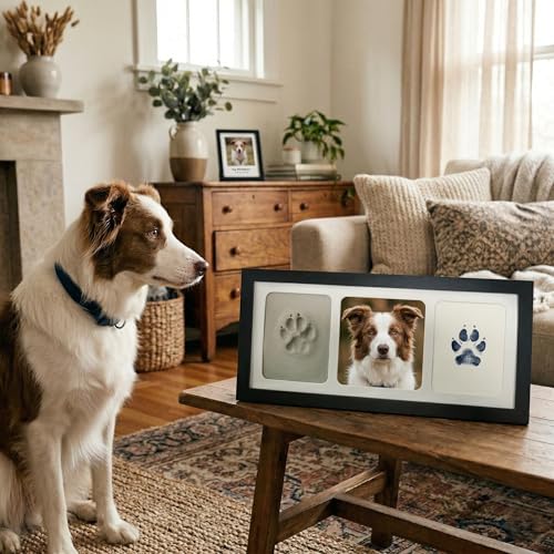 Black Pet Paw Print Keepsake Photo Frame, Mess-Free 3-Panel Wooden Pet Loss Memorial Kit for Dog & Cat - color: black