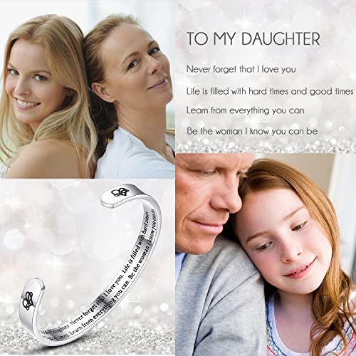 TONY & SANDY Inspirational Bracelets for Women Teen Girls Personalized Gifts for Daughter Granddaughter Mom Sister Friends Stainless Steel Engraved Cuff Birthday Easter Christmas - style: A - Daughter Gifts - Never forget that I love you...Be the woman I