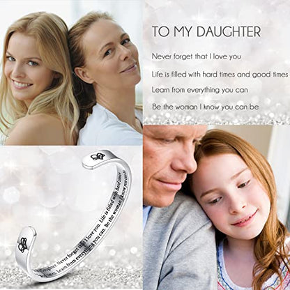 TONY & SANDY Inspirational Bracelets for Women Teen Girls Personalized Gifts for Daughter Granddaughter Mom Sister Friends Stainless Steel Engraved Cuff Birthday Easter Christmas - style: A - Daughter Gifts - Never forget that I love you...Be the woman I