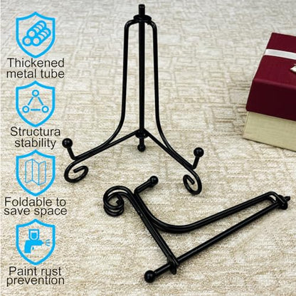 HENABLE 6PCS Premium Black Iron Plate Stands for Display 4 Inch, Decorative Solid Metal Plate Holders for Displaying, Mini Easel, Frame, Book, Card, Plaque, Bowl, Picture Stands for Display - size: 6PCS 4IN