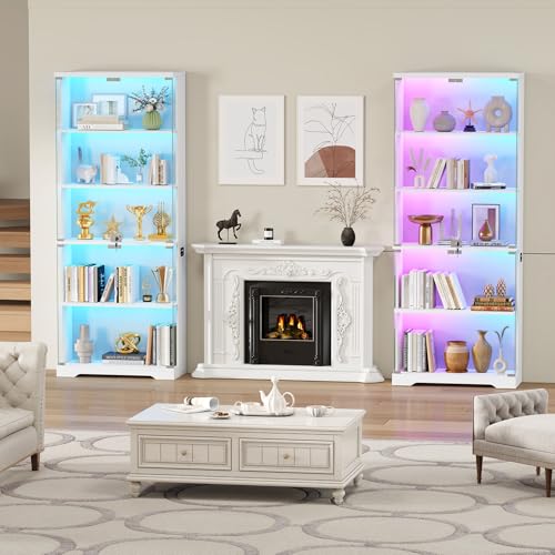 Dystler Glass Display Cabinet with Doors and RGB LED Lights | 69" Tall Curio Cabinet, 5-Tier Wooden Shelves, Lockable Display Case, Motion Sensor, for Collectibles, Living Room, White - color: White