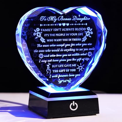 YWHL Bonus Daughter Gifts from Mom Dad Birthday Gifts for Bonus Daughter | Heart Shaped Crystal Keepsake with Colorful Base To My Bonus Daughter Stepdaughter Gifts on Christmas Graduation Valentine's - color: Bonus Daughter Gifts