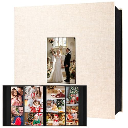 Aevdor Large Capacity 4x6 Photo Album, 1000 Photos, Linen Cover, Beige | Black Inner Pages, 3 Horizontal and 2 Vertical Pockets per Side, Front Photo Window, Family, Wedding & Travel Memories - color: Linen Beige