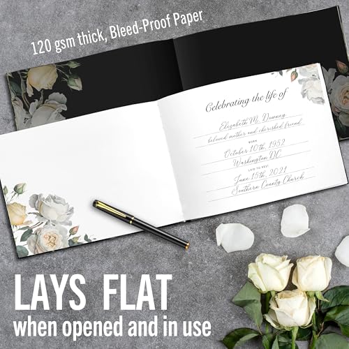 Celebration of Life Guest Book for Funeral or Memorial 9"x7", Hardcover Cardboard Floral Remembrance Book w/Sign In Poster, Gold Foil, Photo Window, Memory Keepsake for Loved Ones, Black & White Roses