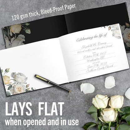 Celebration of Life Guest Book for Funeral or Memorial 9"x7", Hardcover Cardboard Floral Remembrance Book w/Sign In Poster, Gold Foil, Photo Window, Memory Keepsake for Loved Ones, Black & White Roses
