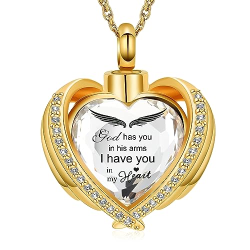 shajwo Angel Wing Heart Urn Ashes Necklace for Women Men | Cremation Jewelry,Birthstone Necklace of Loved One,Memorial Pendant for Human Pet - color: Gold-White
