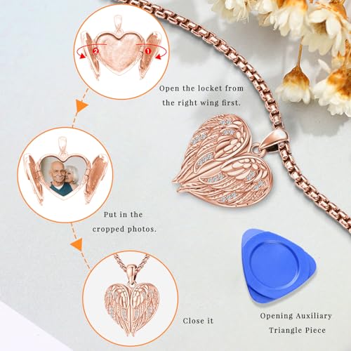 Angel Wings Necklace 925 Sterling Silver Guardian Angel Nurse RN Caduceus Pendant Charm Crystal Angel Jewelry Gifts for Women - style: F-Angel Wings Locket (Rose Golden)