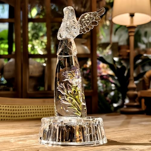 Praying Angel Acrylic Statue 8.6”H LED Lighted Christmas Decor | LED Acrylic Praying Angel Statue Symbol Of Peace Luck Dual Power Night Light Ornament For Holiday Mother’s Day Gifts