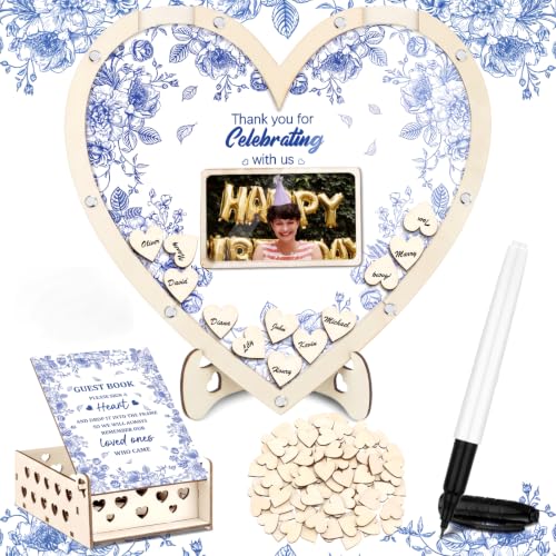 Chunful Hearts Guest Book Alternative with 100 Wooden Hearts Chips Box and Pen Brown Wooden Heart Picture Frame Rustic Guest Book Reception for Wedding Baby Shower Birthday Ceremony(Something Blue) | Drop Box with Photo Frame and Pen, Rustic Decor for Rec