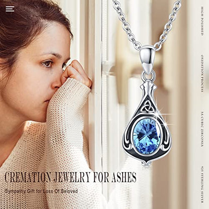 Urn Necklace for Ashes Cremation Jewelry 925 Sterling Silver Ashes Pendant Necklace Memorial Jewelry Gifts for Women Men Girls Boys - style: Celtic-March-Aquamarine