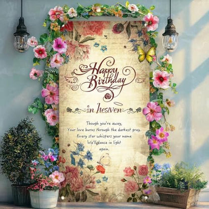 Happy Birthday in Heaven Door Banner, Funeral Memorial Flags, Happy Heaven Birthday Banner for Condolence Anniversary Memorial Decoration, 70.8 x 35.4 inch