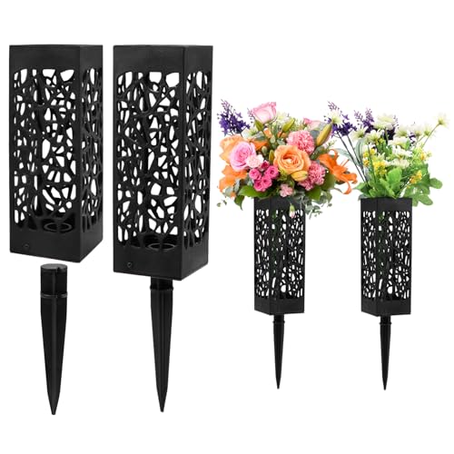 Grave Flower Holders with Stakes, 4 Pack Cemetery Vases for Grave | 4 pack cemetery vases for grave with stakes and drain holes for headstones, gravesites and memorial markers - color: Black-4pack