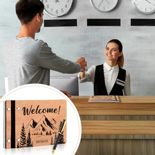 Skyygemm Rustic Vacation Rental Guest Book with Pen, Wooden Scrapbook - style: Visitor