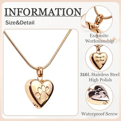 Paw Print Heart Pet Ashes Urn Necklace, Keepsake Pendant-Rose Gold - style: Rose Gold