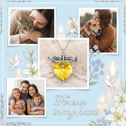 SOULMEET Memorial Wings Necklace for Ashes with Large Heart Crystal Birthstone, Angel Wings Urn Necklaces with Heart Shaped Birthstone Keepsake Silver Cremation Jewelry - style: K-November