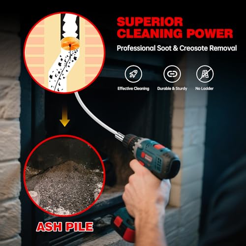 33 Feet Chimney Sweep Kit, Chrome Button Locking System, Chimney Cleaning Kit, Chimney Brush, Chimney Cleaning System with 10 Flexible Chimney Rods - size: 33 FT