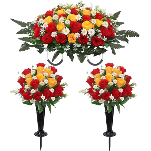 Wocst Headstone Flower Saddle,Large Artificial Cemetery Flowers for Grave 2Pack Artificial Silk Roses Daisy Bouquets with Cemetery Vases for Outdoor Grave Decorations (Red Yellow) - color: Red Yellow