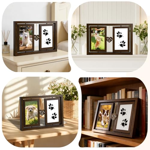 Dog Picture Frame 4x6, Paw Print Kit for Dogs, Dog Memorial Gifts for Loss of Dog Passing Away Sympathy Gifts | Rotating Wooden Double Sided Display Pet Paw & Nose Print DIY Kit - color: Brown