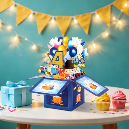 GREETING ART Happy 4th Birthday Pop Up Card,Funny Guitar Ballons Box Themed - color: 4th