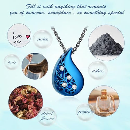 Tree of Life Teardrop Urn Necklace for Ashes Teardrop Crystal Cremation Jewelry Celtic knot Ashes Pendant Stainless Steel Keepsake Memorial Jewelry for Women Men - color: Blue