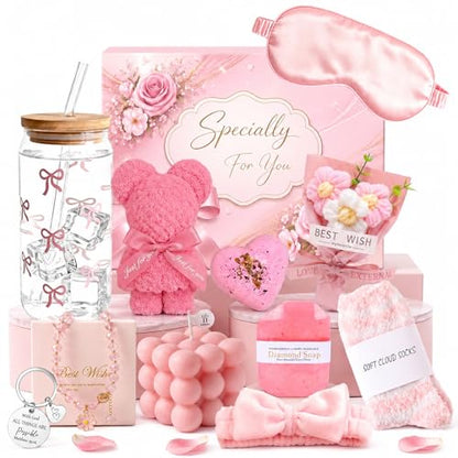 Pink Spa Gift Basket for Women, Birthday Self Care Gifts for Her | Ready-to-Gift Pink Spa Box for Mom, Sister, Friend, Birthday and Appreciation Gifts - color: Pink