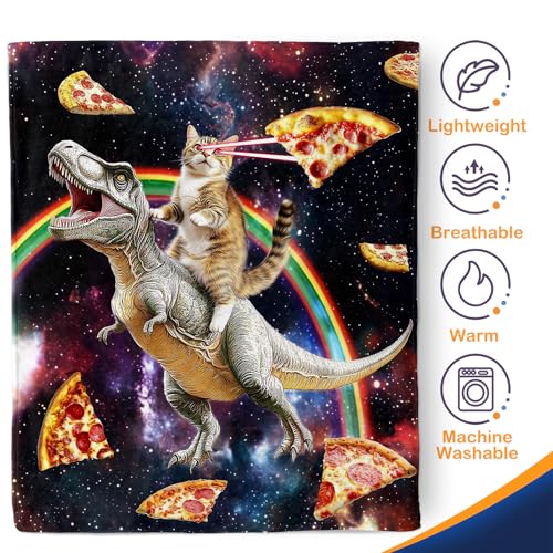 Aimego Funny Cat Blanket Gifts for Men Women Kids Cool Cat Riding Dinosaur on Fantasy Galaxy Cozy Travel Bed Couch Plush Boys Girls Birthday Christmas Lightweight Blanket 50"x60" - color: Funny Cat, size: 50"x60"