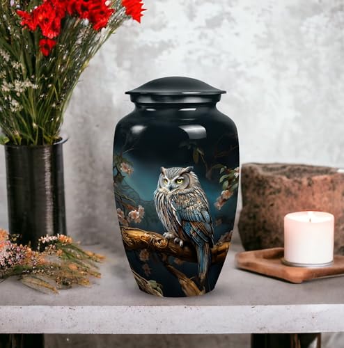Owl Urn - Burial Urns for Adult Human Ashes - Urn with Flowers - Urns for Human Ashes Adult Female - Large Decorative Urn - Urns for Women Human Ashes - Funeral Ashes Container (Size -10Inch)