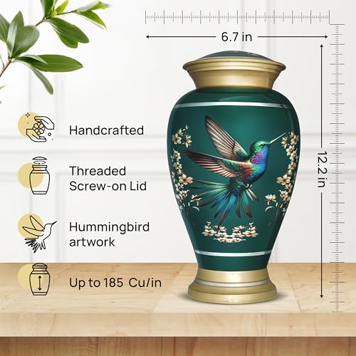 Remoria Cremation Urns for Human Ashes, Large Adult Green Hummingbird Urn | Funeral Urn for Female & Male, 185 Cu In, Gift Box and Velvet Bag Included - color: Green