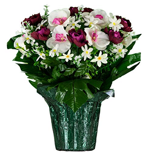 Artificial Flowers - Weighted Pot Bouquet Decoration - Fade Resistant - Violet Cabbage Rose and White Orchids Flower Pot - color: Violet