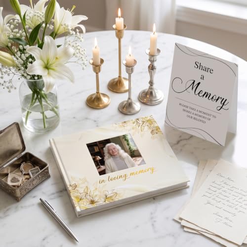 Funeral Guest Book, in Loving Memory Sign in Book with Photo Slot - color: Beige Photo