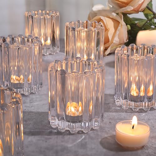 Glass Clear Votive Candle Holder, Ribbed Votive Candle Holders Set of 6 | Tealight Candle Holder for Wedding Centerpieces Dinner Party Table Decor - color: Clear