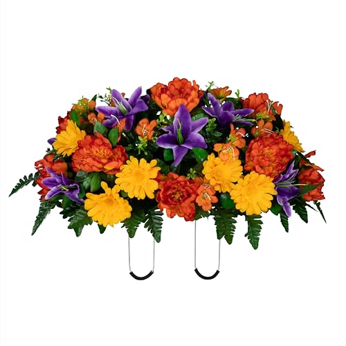 30" Headstone Flower Saddle Artificial Cemetery Flowers - Gravesite Flowers - Orange Peonies, Purple Lilies, and Yellow Daisies - size: Saddle