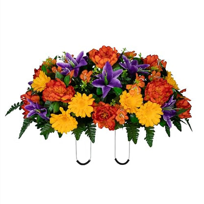 30" Headstone Flower Saddle Artificial Cemetery Flowers - Gravesite Flowers - Orange Peonies, Purple Lilies, and Yellow Daisies - size: Saddle