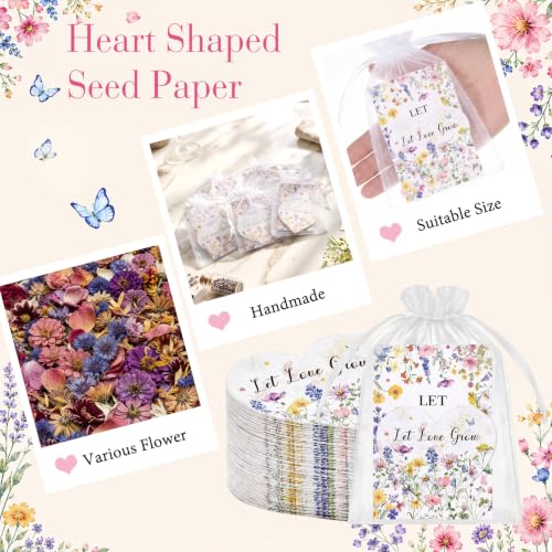 Crtiin 50 Sets Wedding Favors for Guests, Heart Shaped Wildflower Seed Paper with Let Love Grow Cards and Organza Bags for Bridal Shower, Engagement, Anniversary Party Guests - style: Heart Shaped Wedding Theme