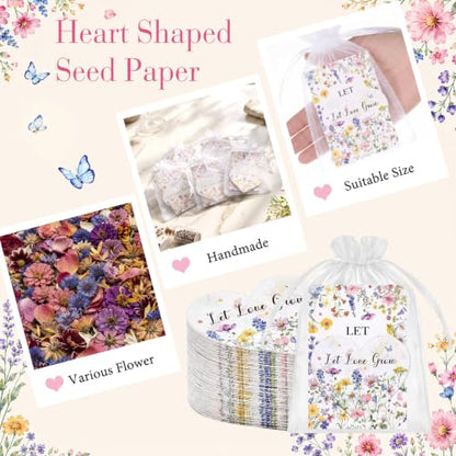 Crtiin 50 Sets Wedding Favors for Guests, Heart Shaped Wildflower Seed Paper with Let Love Grow Cards and Organza Bags for Bridal Shower, Engagement, Anniversary Party Guests - style: Heart Shaped Wedding Theme