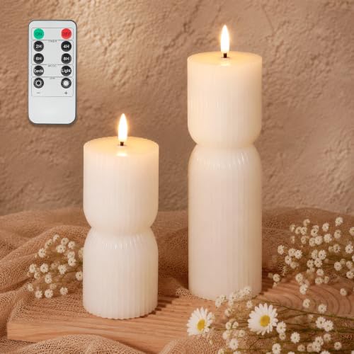 JOIONE Ribbed LED Flameless Candles 2 Pack with Remote, White | Ribbed LED Candles with Flickering Glow, Remote Control, Battery Operated, Perfect Mood Lighting for Home Decor - color: White