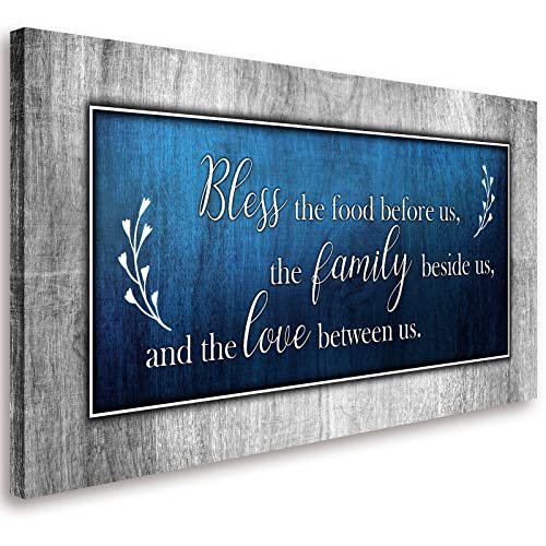 Canvas Wall Art for Dining Room Decor-Blue and Grey Canvas Prints Bless The Food Quote Wall Pictures Painting Framed Artwork for Home Living Room Bedroom Kitchen Decoration 20"x40" - color: Blue Bless, size: 40"L x 20"W