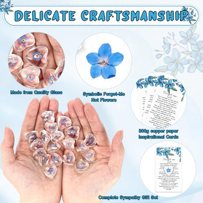 50 Sets Forget-me-not Flower Gift Set, Heart-shaped Dried Pressed Flower Keepsakes with Sympathy Cards and Bags, Memorial Remembrance Tokens for Funeral, Wedding, Baptism Ornament Favors - style: Forget-me-not Flower